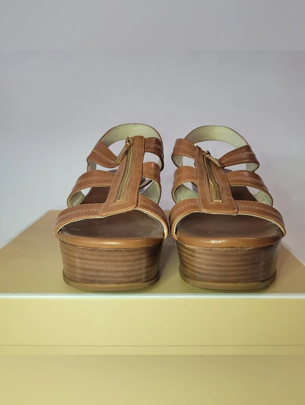 Michael Kors - Tan Leather Zip-Front Platform Wedge Sandals -  Size 10M
